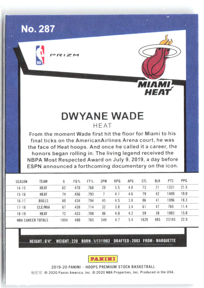Dwyane Wade Hoops Premium Stock - Prizms Silver 287 2019-20 Miami Heat