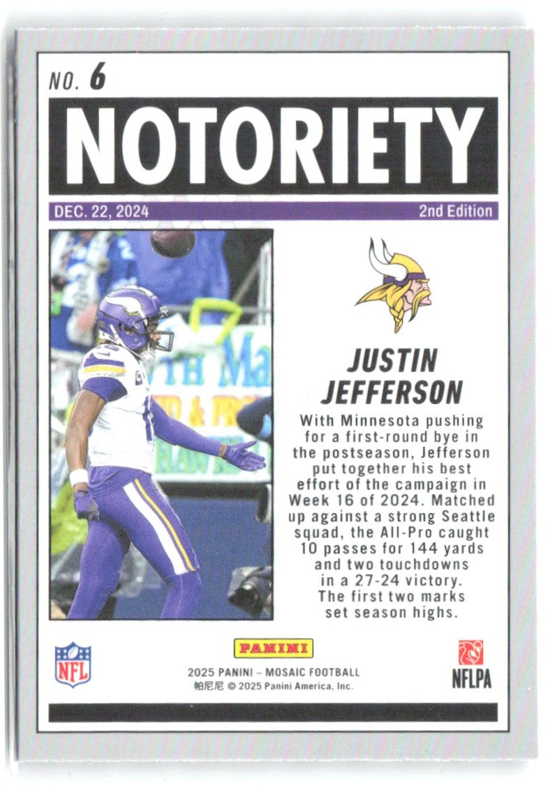 Justin Jefferson Panini Mosaic - Notoriety Mosaic 6 2025 Minnesota Vikings