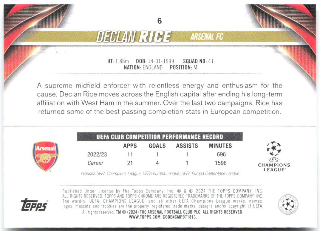 Declan Rice Topps Chrome UEFA Club Competitions 6 2023-24 Arsenal FC