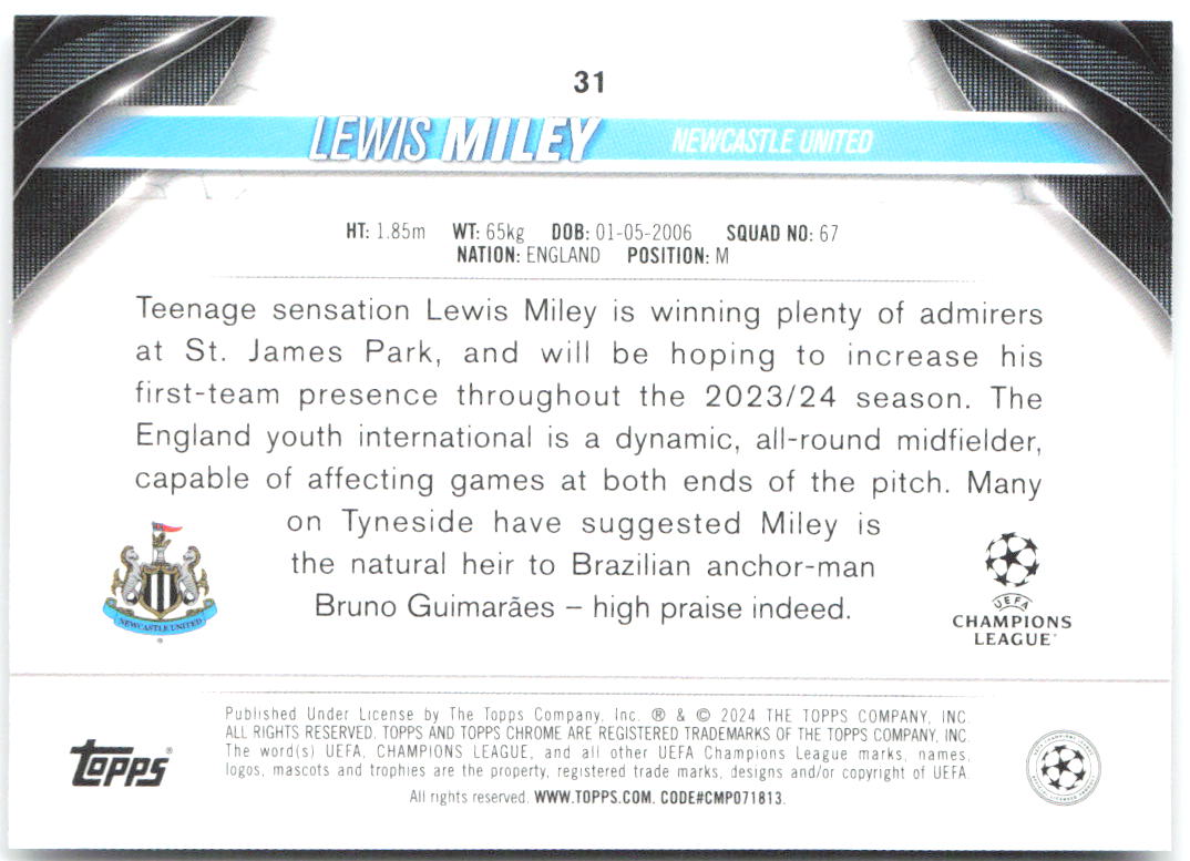 Lewis Miley Topps Chrome UEFA Club Competitions 31 2023-24 Newcastle United RC