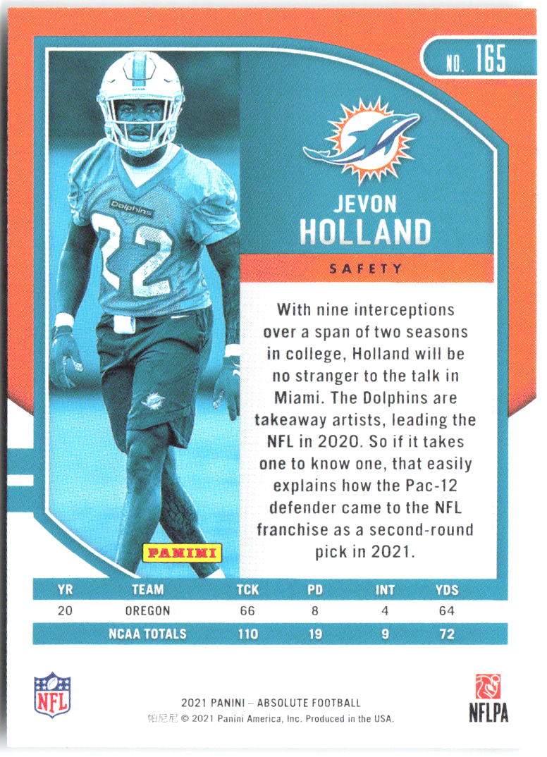 Jevon Holland Panini Absolute - Retail 165 2021 Miami Dolphins RC