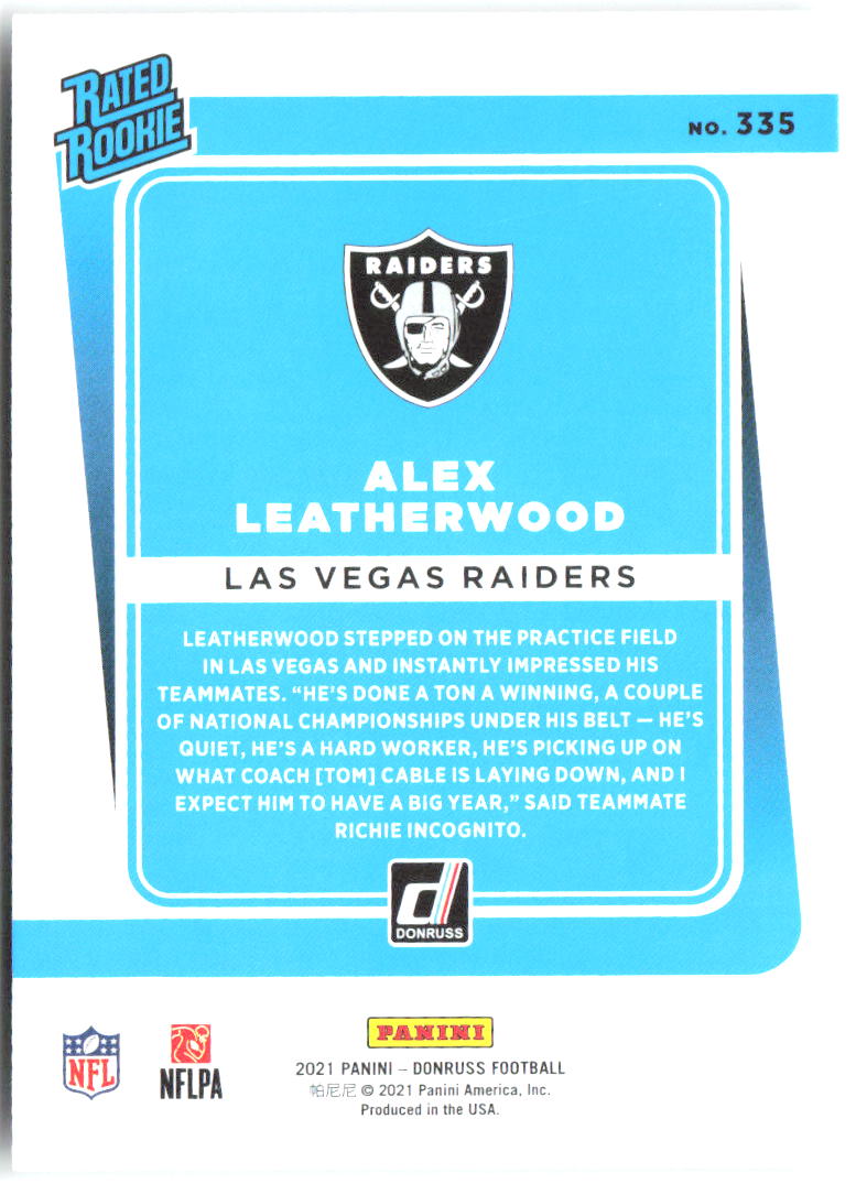 Alex Leatherwood Donruss 335 2021 Las Vegas Raiders RC