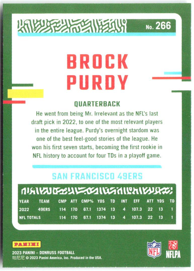 Brock Purdy Press Proof Green Donruss - Press Proof Green 266 NM