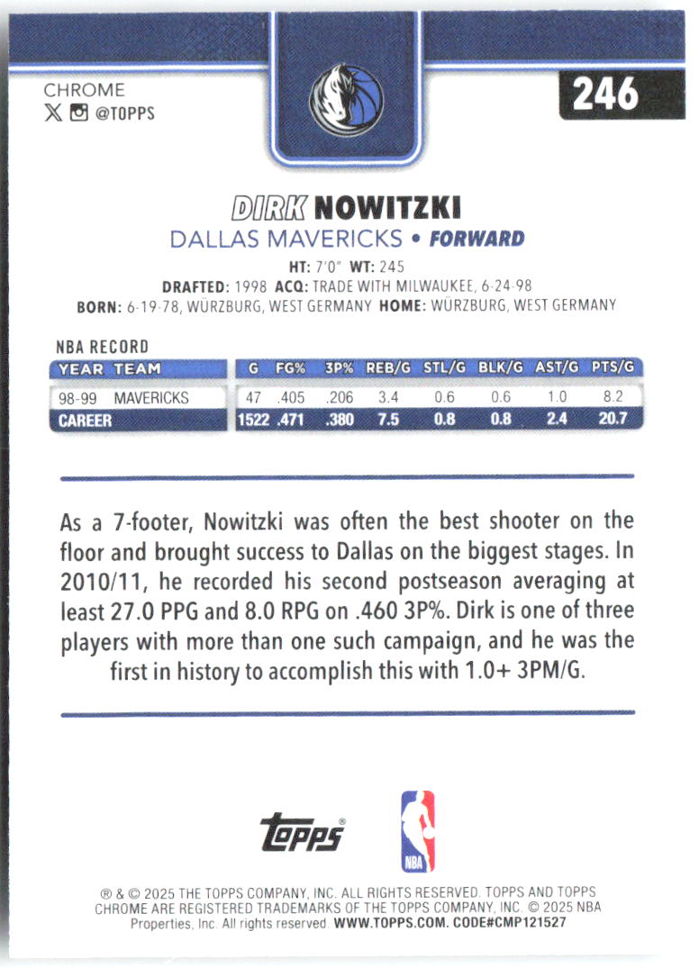 Dirk Nowitzki Topps Chrome 246 2025-26 Dallas Mavericks