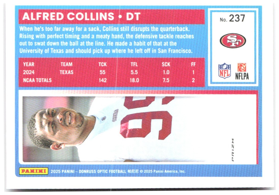 Alfred Collins Donruss Optic - Pink 237 2025 San Francisco 49ers