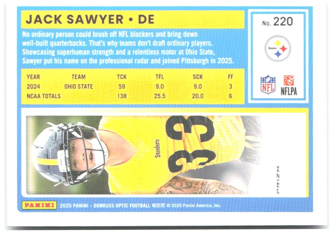 Jack Sawyer Donruss Optic - Purple Shock 220 2025 Pittsburgh Steelers