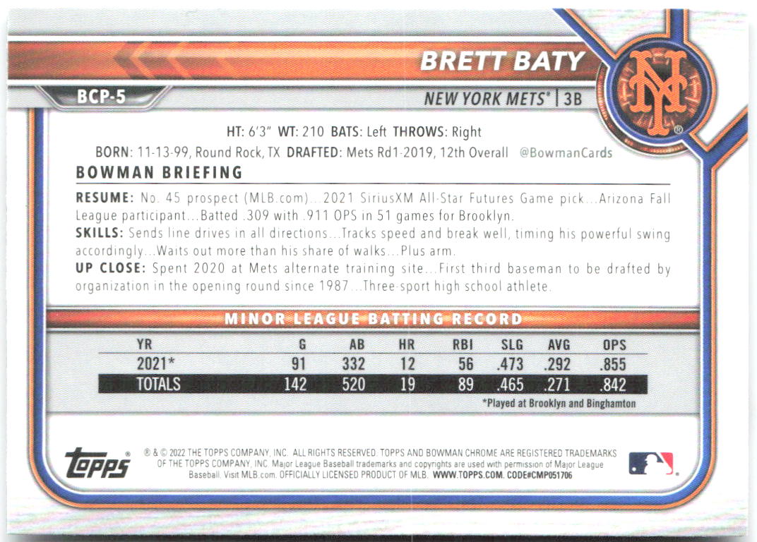 Brett Baty Bowman - Chrome Prospects BCP-5 2022 New York Mets