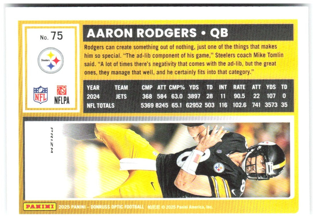 Aaron Rodgers Donruss Optic - Holo 75 2025 Pittsburgh Steelers