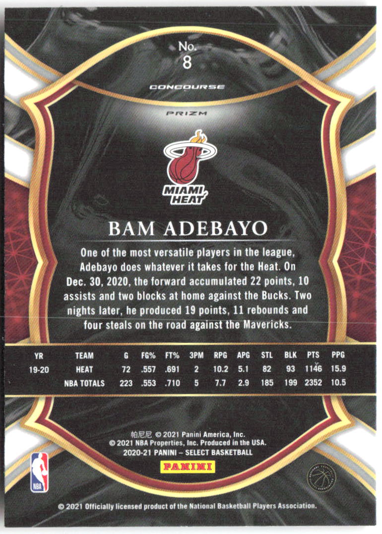 Bam Adebayo Red White Orange Shimmer Panini Select - Red White Orange Shimmer 8 NM