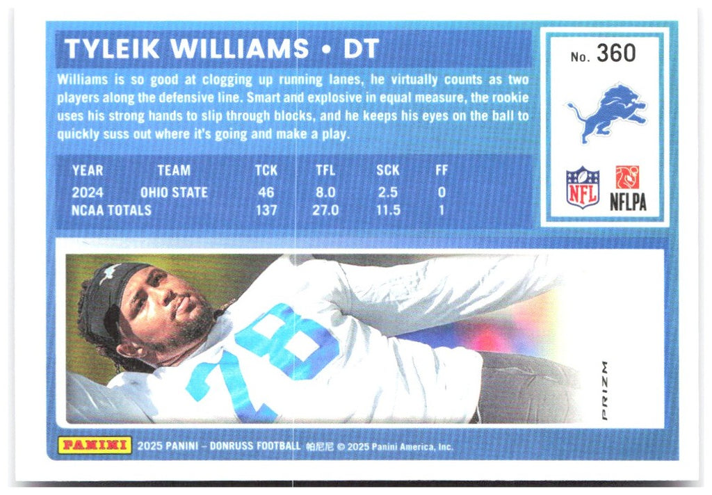 Tyleik Williams Donruss Optic Rated Rookies Preview Pink 360 2025 Detroit Lions