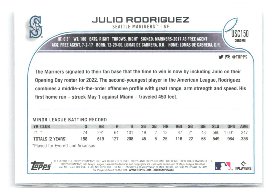 Julio Rodriguez Topps Chrome Update USC150 2022 Seattle Mariners RC