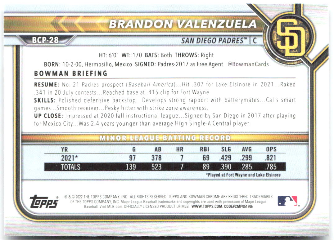Brandon Valenzuela Bowman - Chrome Prospects BCP-28 2022 San Diego Padres