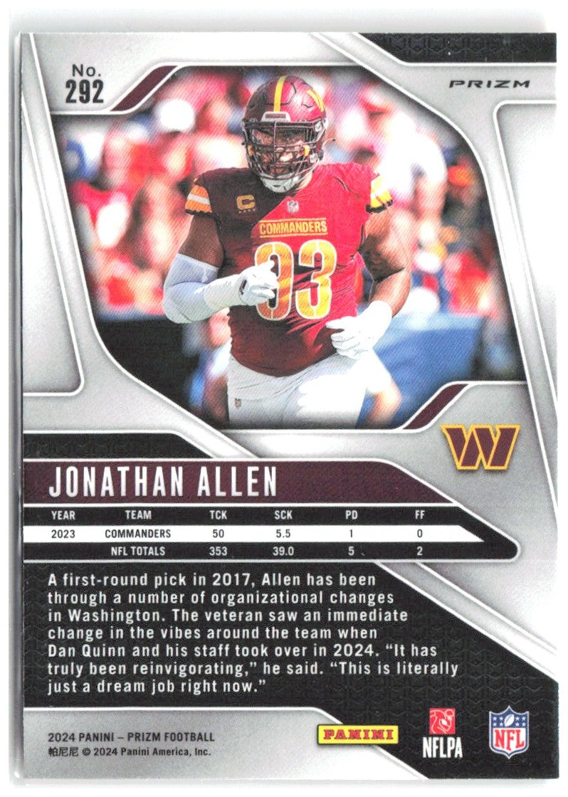 Jonathan Allen Panini Prizm - Lazer 292 2024 Washington Commanders