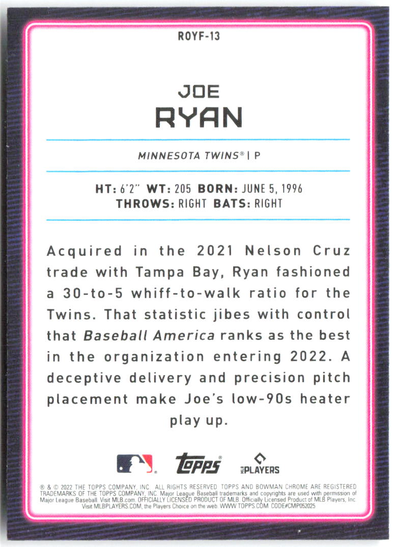 Joe Ryan Bowman Rookie of the Year Favorites Mojo Refractors ROYF-13 2022 Twins
