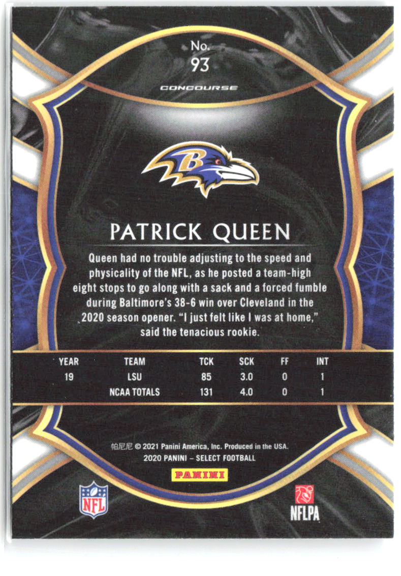 Patrick Queen Panini Select 93 2020 Baltimore Ravens RC