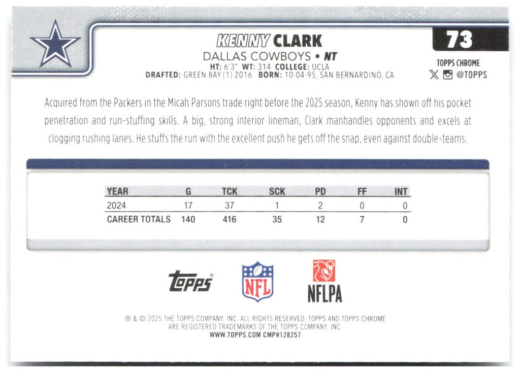 Kenny Clark Topps Chrome - Pulsar Refractor 73 2025 Dallas Cowboys