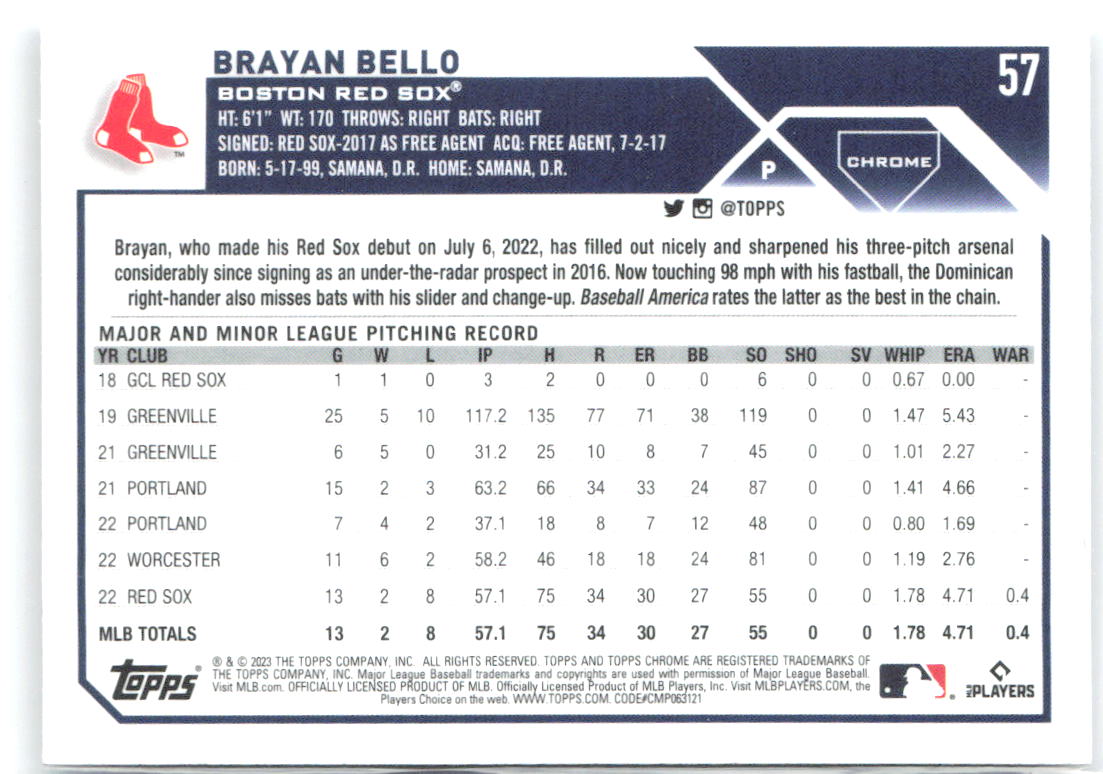 Brayan Bello X-Fractors Topps Chrome - X-Fractors 57 NM