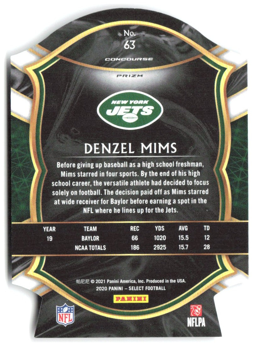 Denzel Mims Panini Select - Purple Prizm Die Cut 63 2020 New York Jets