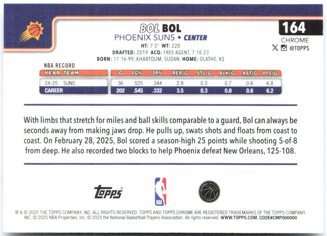 Bol Bol Topps Chrome 164 2025-26 Phoenix Suns