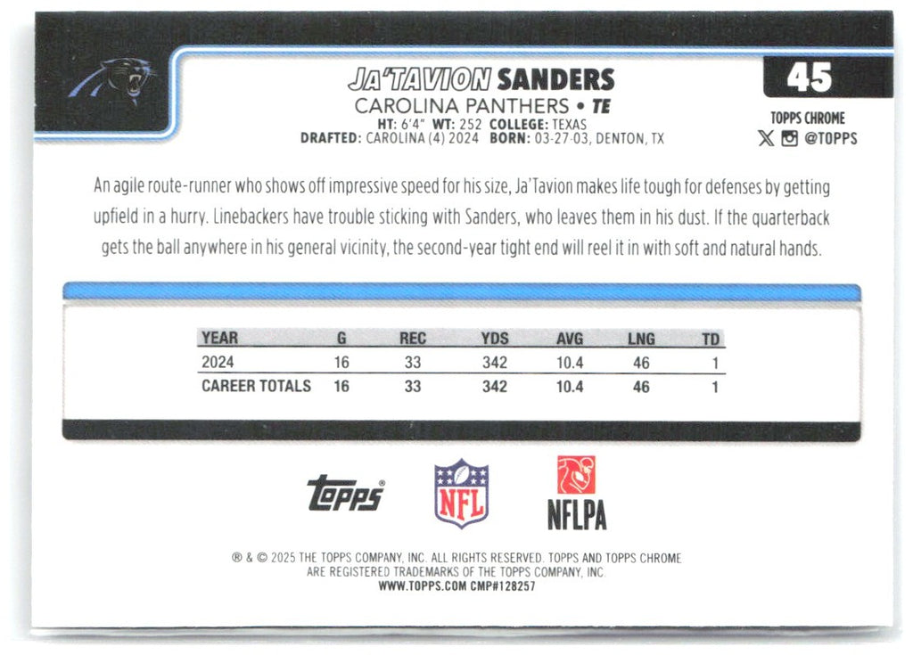 Ja'Tavion Sanders Topps Chrome - Pulsar Refractor 45 2025 Carolina Panthers