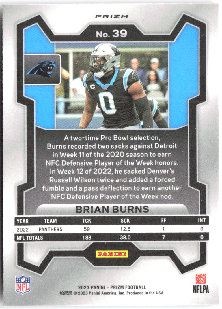 Brian Burns Panini Prizm - Pink 39 2023 Carolina Panthers
