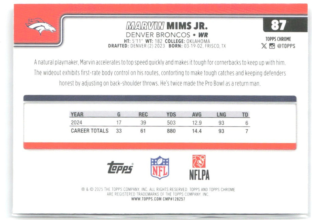 Marvin Mims Jr. Topps Chrome - Ray Wave Refractor 87 2025 Denver Broncos