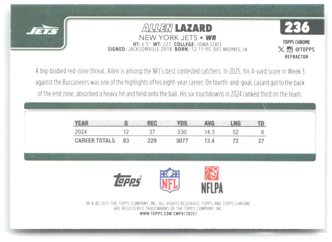 Allen Lazard Topps Chrome - Refractor 236 2025 New York Jets