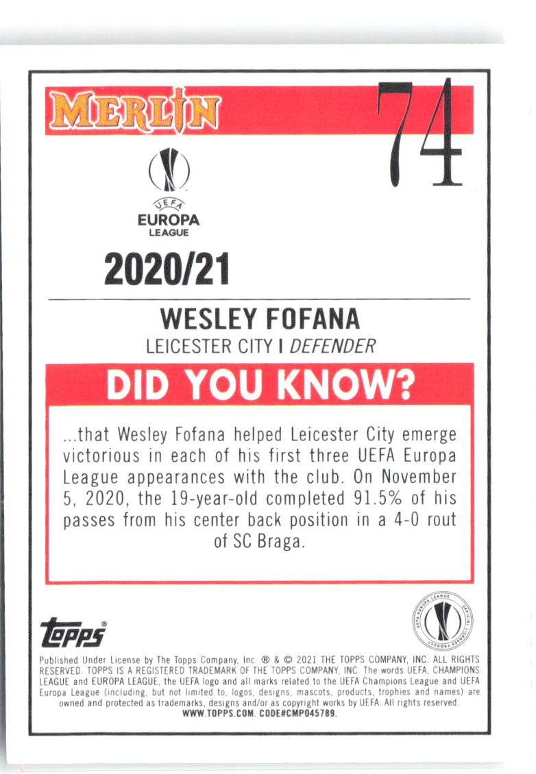 Wesley Fofana Merlin UEFA Champions League 74 2020-21 Leicester City RC
