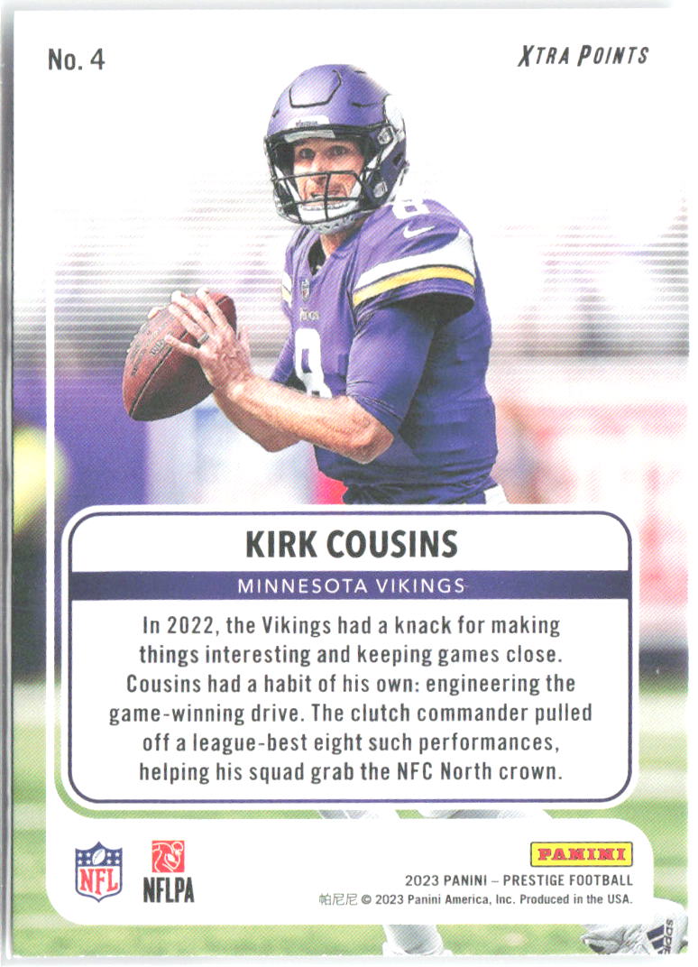 Kirk Cousins Panini Prestige For the Record Xtra Points Red 4 2023 Vikings /399