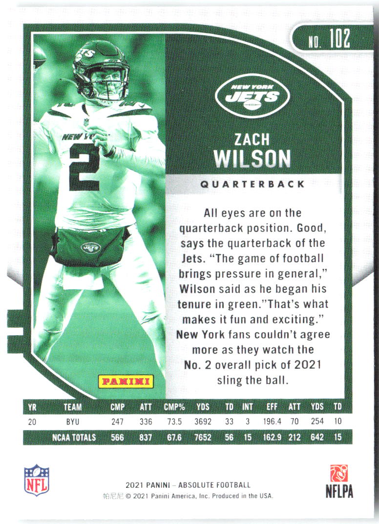Zach Wilson Panini Absolute - Retail 102 2021 New York Jets RC