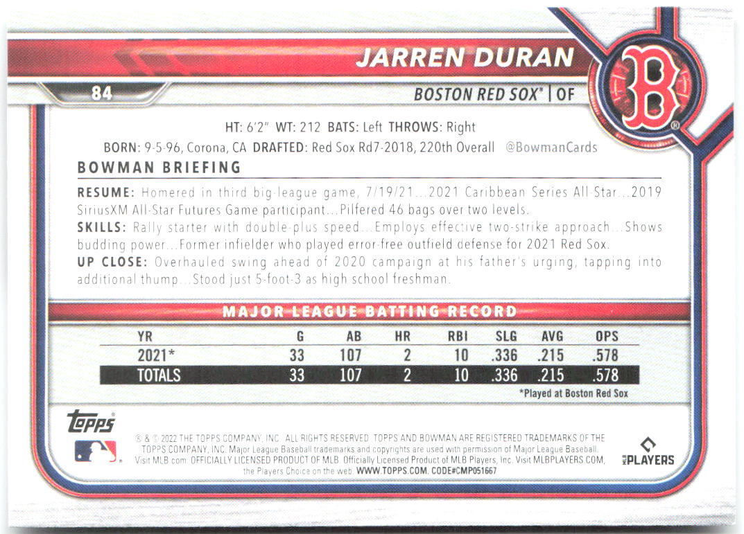 Jarren Duran Bowman 84 2022 Boston Red Sox RC