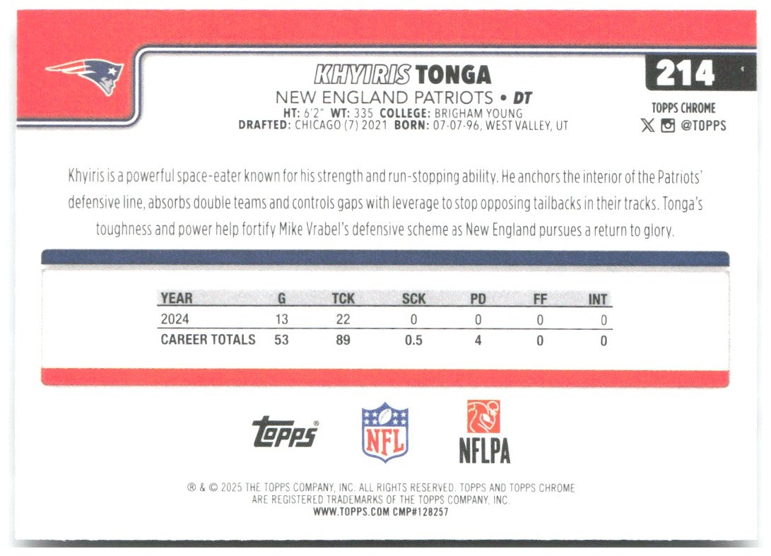 Khyiris Tonga Topps Chrome - Ray Wave Refractor 214 2025 New England Patriots