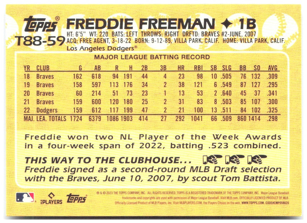 Freddie Freeman 1988 Topps 35th Anniversary (Series One) T88-59 2023 Dodgers