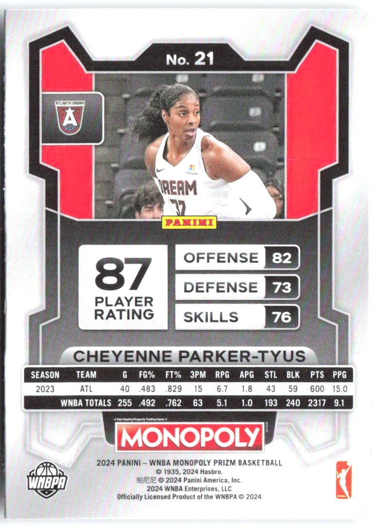 Cheyenne Parker-Tyus Panini Prizm Monopoly WNBA 21 2024 Atlanta Dream
