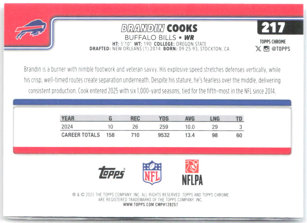 Brandin Cooks Topps Chrome - Red White and Blue Refractor 217 2025 Buffalo Bills