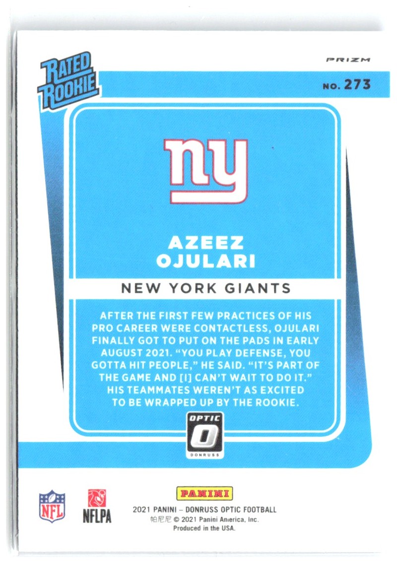 Azeez Ojulari Donruss Optic - Blue Hyper 273 2021 New York Giants