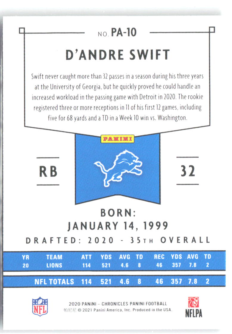 D'Andre Swift Panini Chronicles - Panini Pink PA-10 2020 Detroit Lions