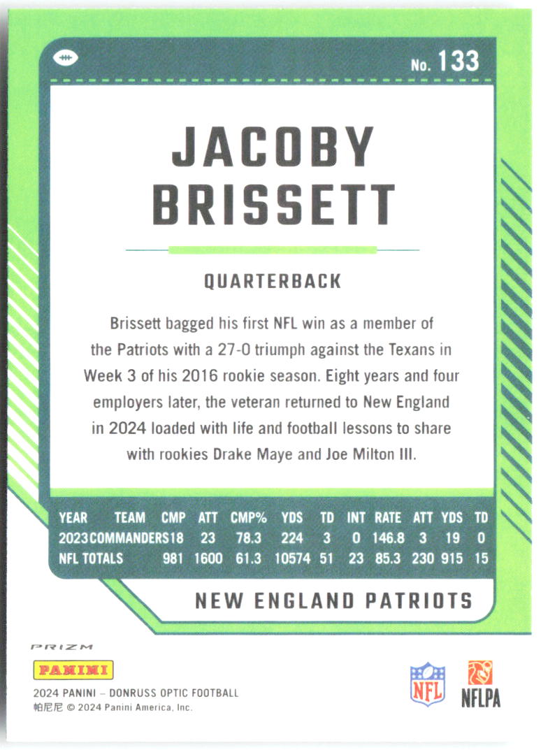 Jacoby Brissett Donruss Optic - Holo 133 2024 New England Patriots
