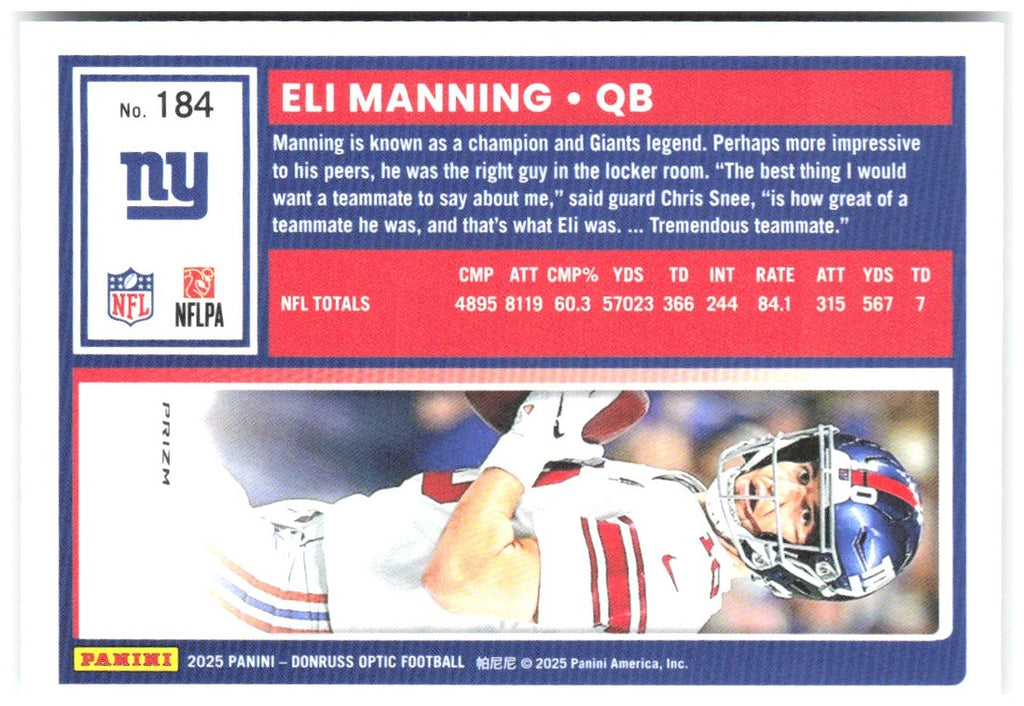 Eli Manning Donruss Optic - Holo 184 2025 New York Giants