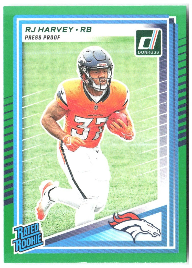 RJ Harvey Donruss - Press Proofs Green 312 2025 Denver Broncos