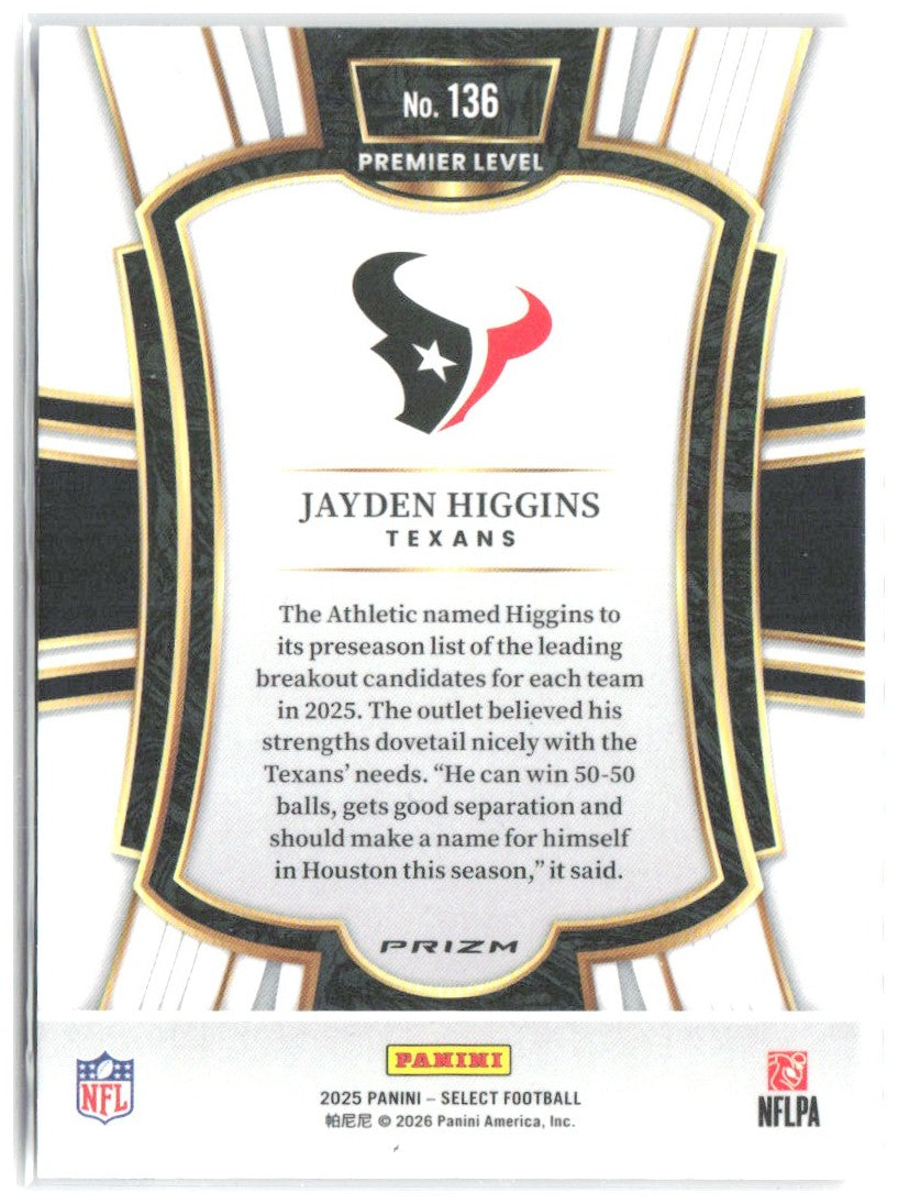 Jayden Higgins Panini Select - Red and Blue Prizm Shock 136 2025 Houston Texans
