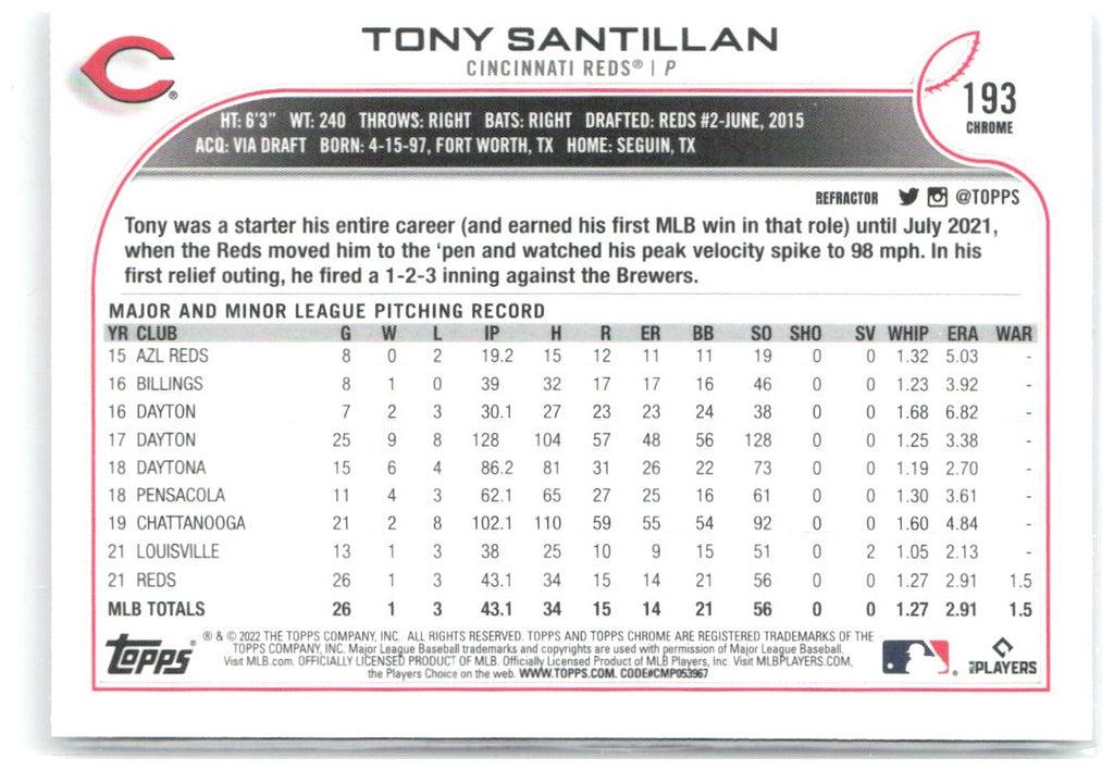 Tony Santillan Topps Chrome - Refractor 193 2022 Cincinnati Reds