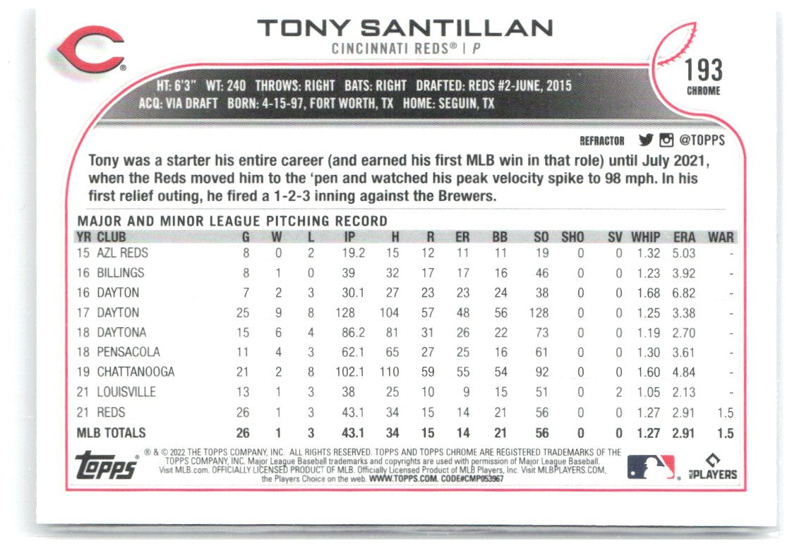 Tony Santillan Topps Chrome - Refractor 193 2022 Cincinnati Reds