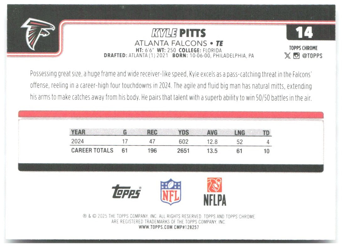 Kyle Pitts Topps Chrome - Ray Wave Refractor 14 2025 Atlanta Falcons