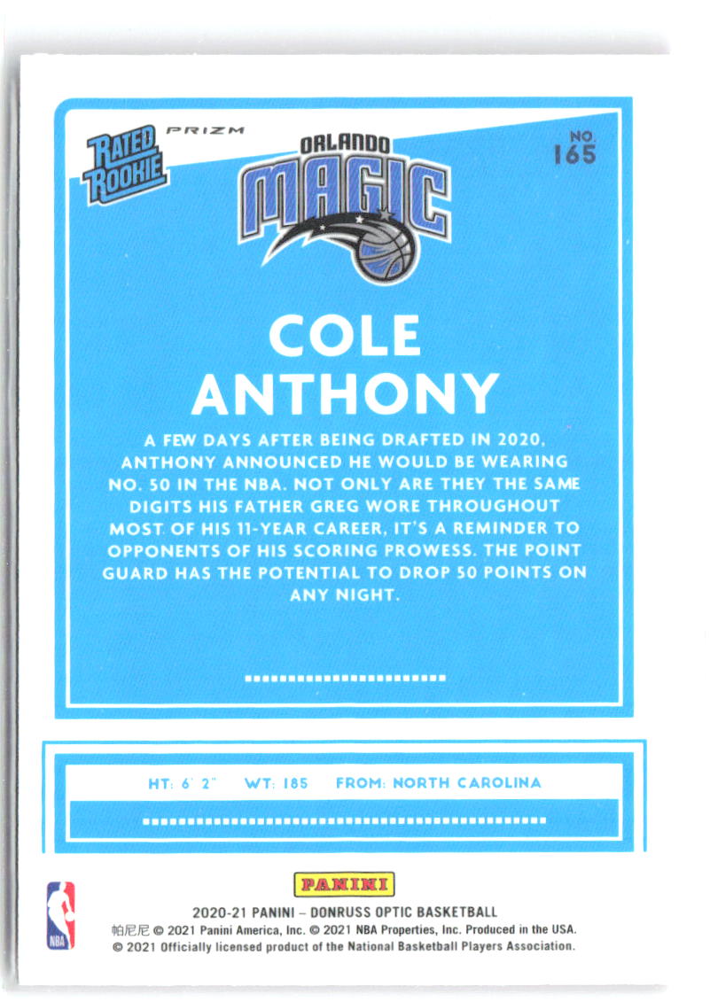 Cole Anthony Donruss Optic - Hyper Pink 165 2020-21 Orlando Magic