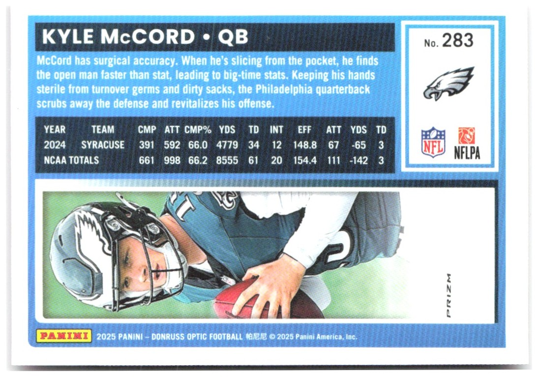 Kyle McCord Donruss Optic - Pink 283 2025 Philadelphia Eagles