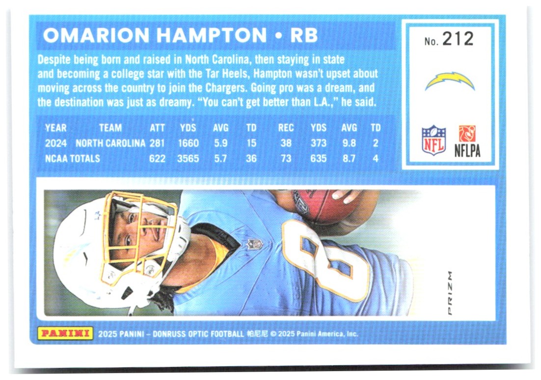 Omarion Hampton Donruss Optic - Purple Shock 212 2025 Los Angeles Chargers