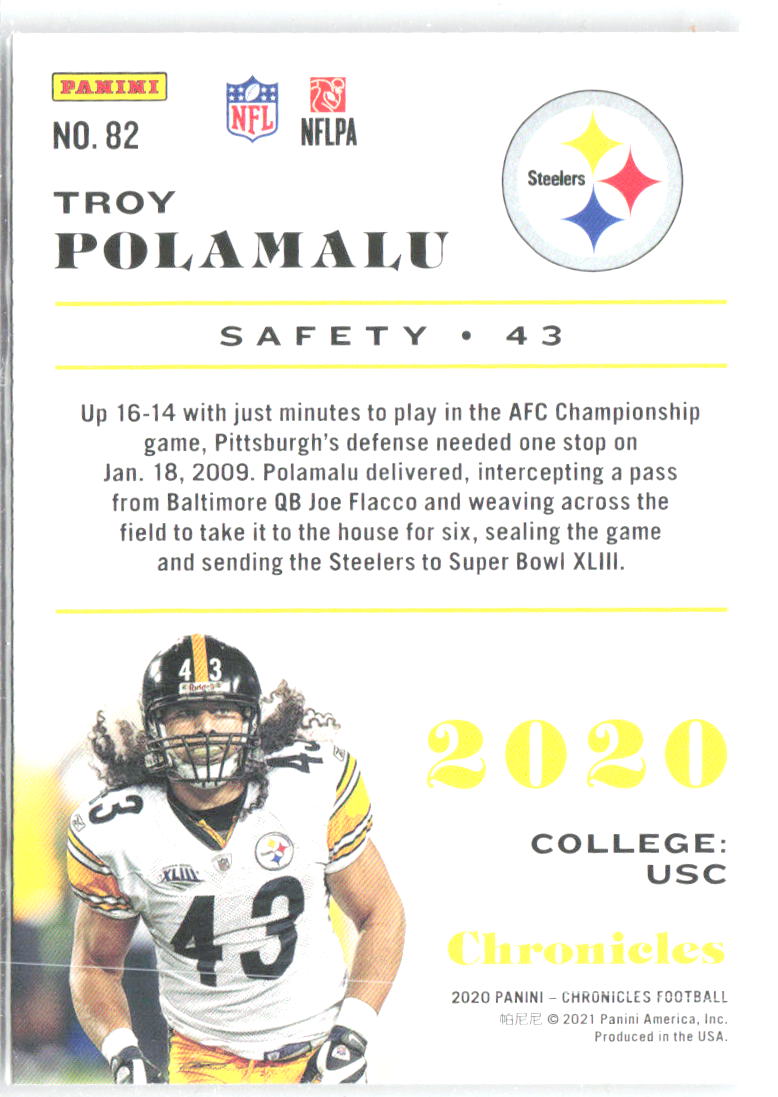Troy Polamalu Panini Chronicles - Pink 82 2020 Pittsburgh Steelers