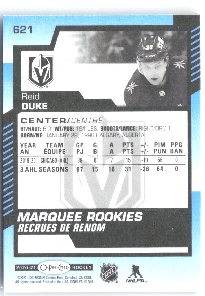 Reid Duke Upper Deck - 2020-21 O-Pee-Chee Update Blue 621 2020-21 Vegas Golden Knights RC