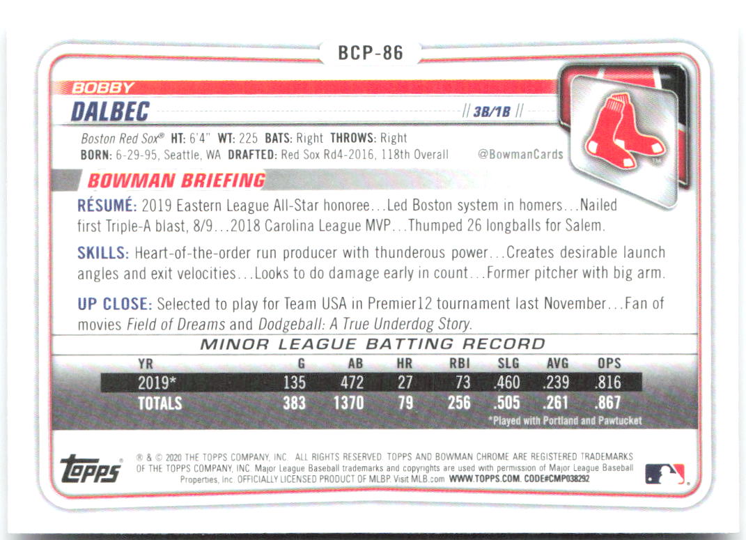 Bobby Dalbec Bowman - Chrome Prospects BCP-86 2020 Boston Red Sox